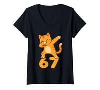 Womens Orange Cat Dabbing Funny 67 Six Seven Meme V-Neck T-Shirt