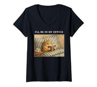 Women's Orange Cat I'll Be in My Office Bookworm Nerd Reader Vintage V-Neck T-Shirt