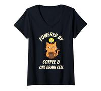 Women's Orange Cat Mom Powered by Coffee One Brain Cell V-Neck T-Shirt