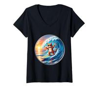 Women's Orange Cat Owner Surfing Lover Surfer Surfboard Rider Funny V-Neck T-Shirt