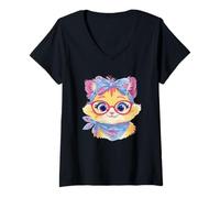 Women's Orange Cat Portrait Cat Lover Graphic Pink Glasses Blue V-Neck T-Shirt
