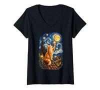 Women's Orange Cat Under Stars Moon Night Art V-Neck T-Shirt