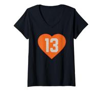 Women's Orange Heart Number 13 Varsity Thirteen V-Neck T-Shirt