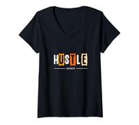 Womens Orange Hustle Harder Orange Graphic V-Neck T-Shirt