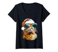 Womens Orange Tabby Cat with Sunglasses Snow Santa Hat Christmas V-Neck T-Shirt