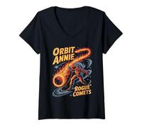 Womens Orbit Annie wrangling comet fire rope in starry galaxy V-Neck T-Shirt