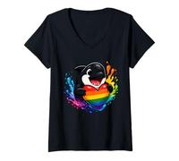 Womens Orca Holding Heart Rainbow Flag Proud LGBT Supporter Lover V-Neck T-Shirt