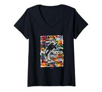 Women's Orca Ocean with Waves Marine Wildlife orca Design V-Neck T-Shirt