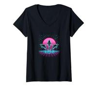 Women's Orca Trio Retrowave Synthwave 80s Neon Ocean V-Neck T-Shirt