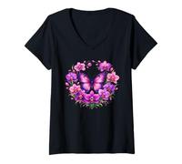 Women's Orchid Butterfly Flower Gardening Floral V-Neck T-Shirt