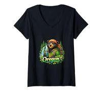Women's Oregon Hiking Bear Forest Waterfall Vibes V-Neck T-Shirt
