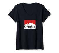Women's Oregon Mountain Graphic Red and White Retro Vintage Style V-Neck T-Shirt