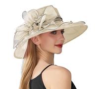 Women's Organza Church Hat Flower Wide Brim Tea Party Hats Bridal Sun Cap Ladies Wedding Fascinators Summer Bucket Hat for Holiday Beige