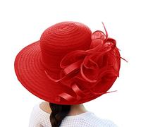 Women's Organza Church Hat Wedding Headdress Hats Elegant Wide Brim Hat Summer Sun Cap Hat Clips Veil Headband Mesh Tea Party Headpiece for Bridal Wedding Church (Red, One Size)