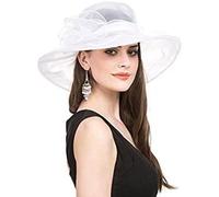 Women's Organza Elegant Wide Brim Church Hat - Wedding, Party, Fascinator, Holiday & Beach Sun Protection Cap - White