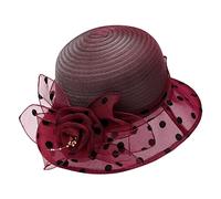 Womens Organza Hat Dress Ladies Church Wedding Retro Wide Brim Cap Cocktail Feather Veil Sun Formal Royal Vintage Felt Cloche Hat Holiday Red One Size