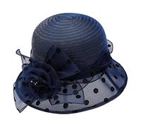 Womens Organza Hat Dress Ladies Church Wedding Retro Wide Brim Cap Cocktail Feather Veil Sun Formal Royal Vintage Felt Cloche Hat Holiday Navy One Size