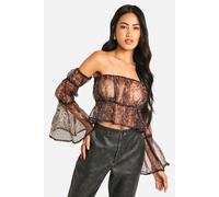 Womens Organza Leopard Print Bardot Crop Smock Top - Multi - 14, Multi