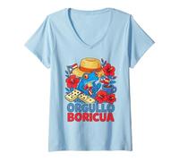 Womens Orgullo Boricua Pava Hat Coquí Frog Domino Puerto Rico Flag V-Neck T-Shirt