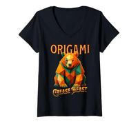 Womens Origami 'Crease Beast' Bear s Paper Folding Hobbyist V-Neck T-Shirt