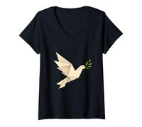 Women's Origami Peace Dove Olive Branch Minimalist Design V-Neck T-Shirt