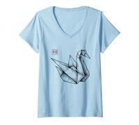 Womens Origami Swan Hope Kanji Stamp V-Neck T-Shirt