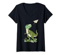 Women's Origami T Rex Dinosaur Paper Airplane Geometric Art V-Neck T-Shirt