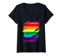 Womens Original Gilbert Baker LGBT Gay Pride Flag Ripped Reveal V-Neck T-Shirt