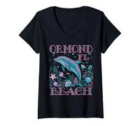 Womens ORMOND BEACH FL DOLPHIN LOVER COLORFUL BEACH SOUVENIR V-Neck T-Shirt