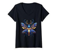 Women's Ornamental Blue Stag Beetle Nature Design V-Neck T-Shirt