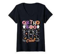 Womens Ortho Orthopedic Halloween Boo Crew Skeleton Dancing Nurse V-Neck T-Shirt