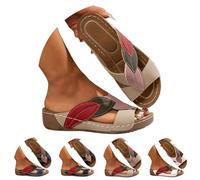 Women's Orthopedic Arch Support Wedge Sandals Slip On Backless Wedge Platform Open Toe Slides Colour Block Leaf Thick Bottom Summer Beach Fashion Sandal Wide Fit Casual Footwear Khaki