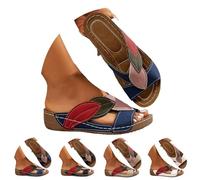 Women's Orthopedic Arch Support Wedge Sandals Slip On Backless Wedge Platform Open Toe Slides Colour Block Leaf Thick Bottom Summer Beach Fashion Sandal Wide Fit Casual Footwear Blue