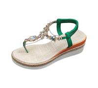 Womens Orthopedic Bohemian Sandals Summer Glitter Wedge Heel Open Toe Flip Sandal with Adjustable Buckle Strap Ladies Arch Support Platform Beach Walking Shoes with Rhinestone (Green-a, 7)