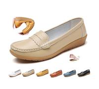 Women's Orthopedic Loafers in Breathable Leather, Genuine Leather Moccasins Shoes Soft Sole Casual Wide Fit Work Office Nursing Shoes (Beige-a,42EU)