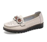 Women's Orthopedic Loafers in Breathable Leather, Wide Fit Flower Leather Loafers Casual Slip-on Classic Moccasins Work Office Nursing Driving Shoes (Beige,40 EU)