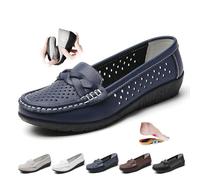 Women's Orthopedic Loafers in Breathable Leather, Wide Fit Leather Loafers Classic Moccasins Driving Shoes Work Office Nursing Shoes (7,Blue)