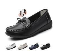 Women's Orthopedic Loafers in Breathable Leather, Wide Fit Leather Loafers Classic Moccasins Driving Shoes Work Office Nursing Shoes (4,Black)