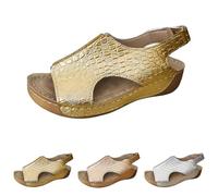 Womens Orthopedic Sandals Arch Support Womens Leather Slip On Sandals Crocodile Print Sandal Slingback Walking Slippers Peep Toe Summer Shoes Anti-Slip Platform Sliders Fish Scale Printed Sandal