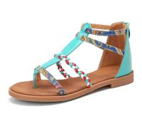 Women's Orthopedic Sandals, Summer Open-Toe Anti-Slip Comfy Ethnic Bohemia Dressy Sandals Ankle Buckle Woven Straps Beach Shoes, Leather Flat Sole Sandal(Blue,6 UK)