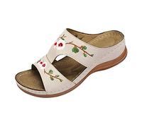 Womens Orthopedic Shoes Comfy Sliders Summer Flat Leather Sandals Embroidery Flower Low Wedge Open Toe Breathable Slippers Ladies Beach Outdoor Sandals Comfortable Lightweight Casual Slides