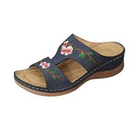 Womens Orthopedic Shoes Comfy Sliders Summer Flat Leather Sandals Embroidery Flower Low Wedge Open Toe Breathable Slippers Ladies Beach Outdoor Sandals Comfortable Lightweight Casual Slides