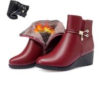 Women's Orthopedic Wedge Heel Ankle Booties,Genuine Leather Wool Orthopedic Boots,Winter Warm Side Zipper Sparkling Rhinestones Waterproof Orthopedic Fur Lined Thickening Snow Boots (Red a,36 EU)
