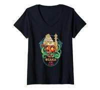 Women's Osaka Cat Skull Octopus Takoyaki Japanese City Art V-Neck T-Shirt