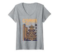 Women's Osaka Night Skyline Pagoda Castle and Modern Towers V-Neck T-Shirt