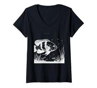 Women's Oscar Line Art Fish Lover V-Neck T-Shirt