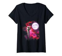 Womens Ostrich Howling at The Moon Pink Purple V-Neck T-Shirt