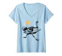 Women's Ostrich Running with Surfboard, Retro Sun, Summer Surfing V-Neck T-Shirt