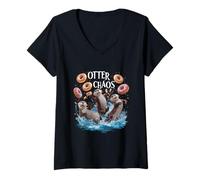 Womens Otter Chaos Funny Bagel Fighting Sea Otters Pun Animal Lover V-Neck T-Shirt