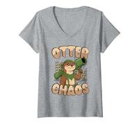 Womens Otter Chaos Kawaii Animal Pun Funny Cute V-Neck T-Shirt